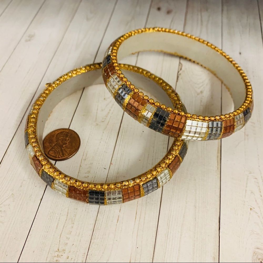 Embellished Mirrored Bracelets Bangles Set of 2 - Picture 2 of 2